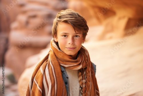 Close-up portrait photography of a joyful boy in his 30s wearing an elegant silk scarf at the petra in maan jordan. With generative AI technology photo