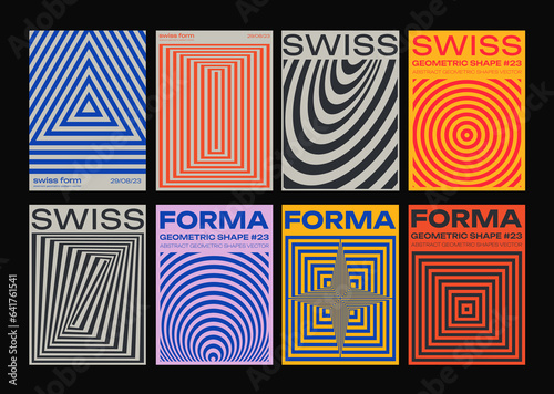 Cool Swiss Design Posters Collection. Set of Abstract Geometric Placards. Modern Minimalist Cover. Optical Illusion Shapes.