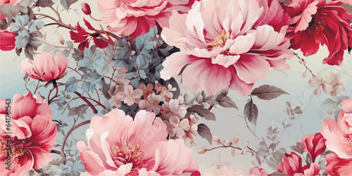 Seamless boho floral pattern with Rose flowers romantic peony pink. Retro collage pattern. Contemporary print for wedding, greetings, wallpapers, fashion, backgrounds, textures, DIY, wrappers, cards
