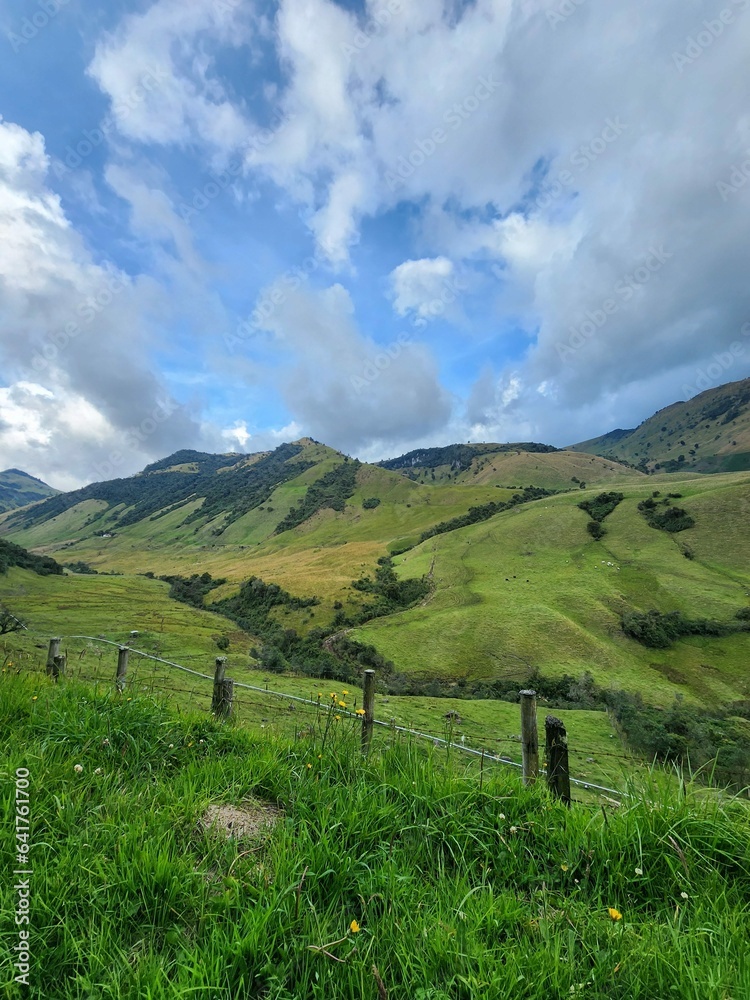 Landscape in Villamaria, Caldas, Colombia with green montains, moorland and road to the ruiz hot springs