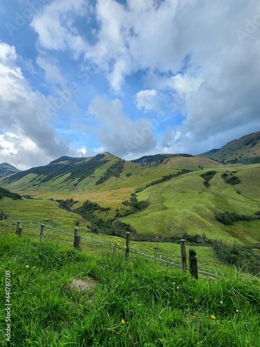 Landscape in Villamaria, Caldas, Colombia with green montains, moorland and road to the ruiz hot springs