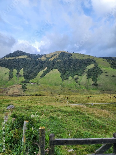 Landscape in Villamaria, Caldas, Colombia with green montains, moorland and road to the ruiz hot springs