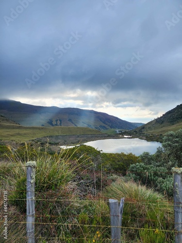 Landscape in Villamaria, Caldas, Colombia with green montains, moorland and road to the ruiz hot springs