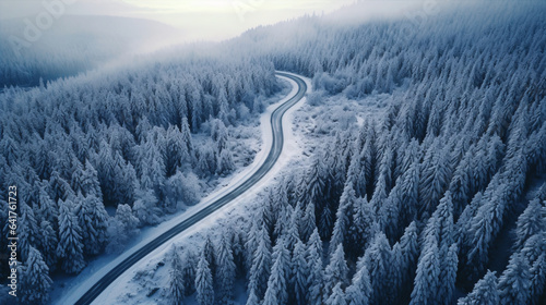 A bird's-eye view captures the twisting path of a snowy road as it navigates through a forested terrain. © ckybe
