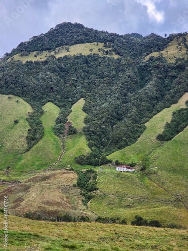 Landscape in Villamaria, Caldas, Colombia with green montains, moorland and road to the ruiz hot springs