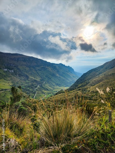 Landscape in Villamaria, Caldas, Colombia with green montains, moorland and road to the ruiz hot springs