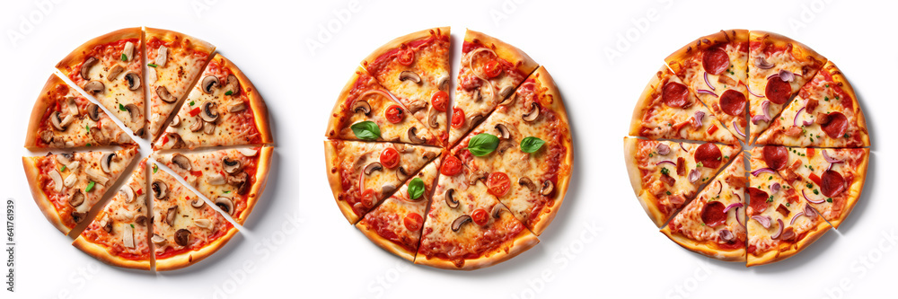 A top view arrangement of a classic pizzeria pizza, complete with sliced pieces, against a white background..