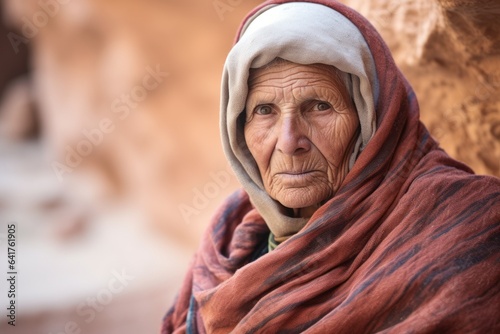 Environmental portrait photography of a glad mature woman wearing a thermal merino wool top at the petra in maan jordan. With generative AI technology photo