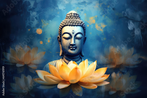 abstract buddha statue with lotus flowers background, generative AI