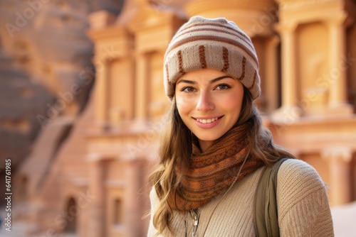 Environmental portrait photography of a grinning girl in his 30s wearing a sophisticated pillbox hat at the petra in maan jordan. With generative AI technology photo