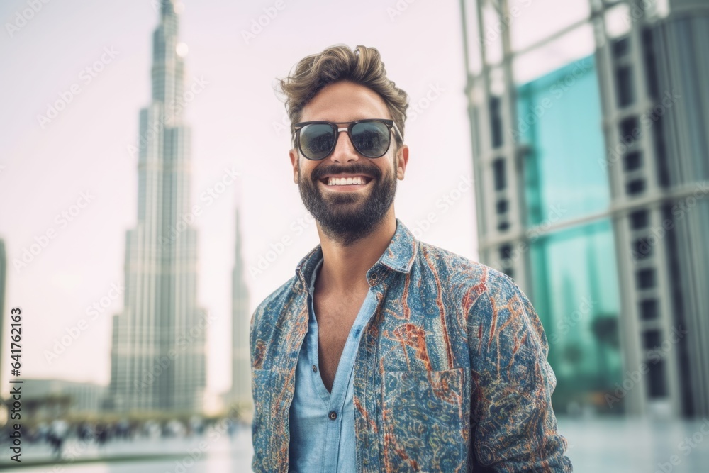 Medium shot portrait photography of a cheerful boy in his 30s wearing a chic cardigan in front of the burj khalifa in dubai uae. With generative AI technology Medium shot portrait photography of a cheerful boy in his 30s wearing a chic cardigan in front of the burj khalifa in dubai uae. With generative AI technology
