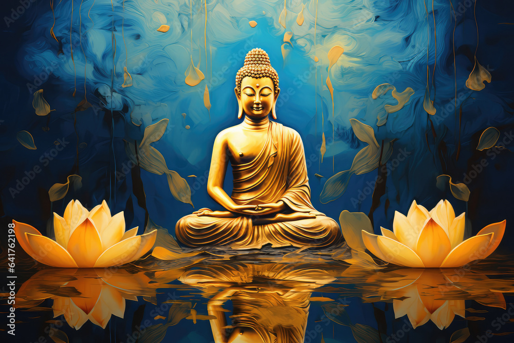 abstract buddha statue with lotus flowers background, generative AI
