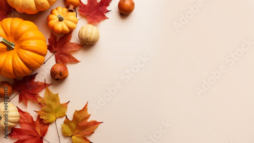 Autumn composition with pumpkins and leaves on beige background. Generative AI