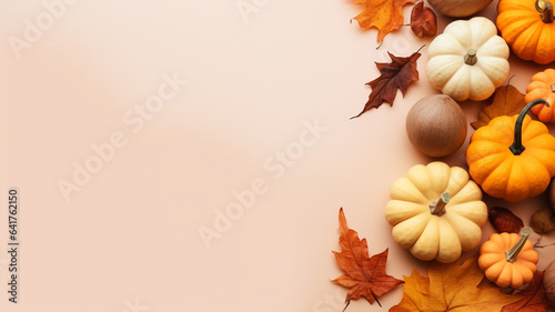 Autumn composition with pumpkins and leaves on beige background. Generative AI