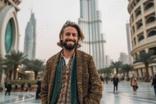Print op canvas Medium shot portrait photography of a cheerful boy in his 30s wearing a chic cardigan in front of the burj khalifa in dubai uae