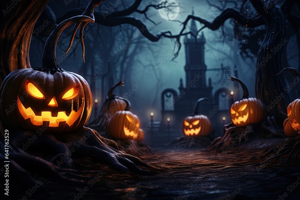 Halloween background with scary pumpkins in dark forest.Generative Ai Halloween background with scary pumpkins in dark forest.Generative Ai