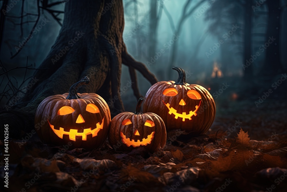 Halloween background with scary pumpkins in dark forest.Generative Ai
