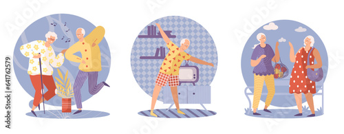 Happy senior woman and man dancing together. Modern senior ladies spending time together and talking outside. Man training at home. Flat vector illustration in purple colors