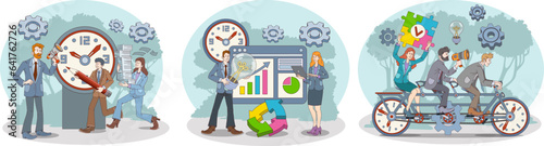 Manager controlling work time. Female making presentation with chart. Happy workers riding bike, completed work tasks. Time organization and management concept. Vector illustration in cartoon style