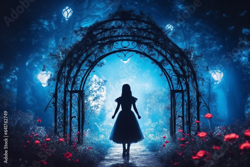 Young woman in white dress standing in the dark mysterious forest. Fairy tale concept