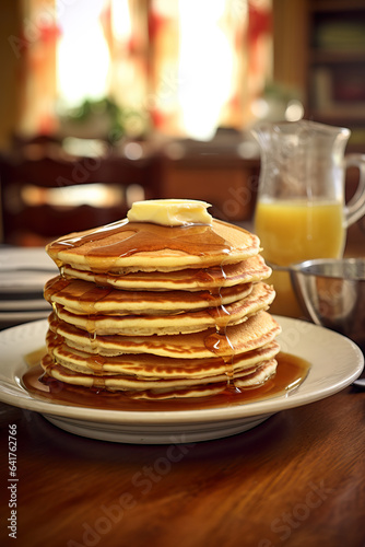 Stack of delicious buttermilk pancakes with maple syrup and butter