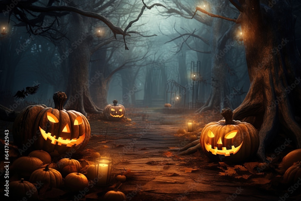 Halloween background with scary pumpkins in dark forest.Generative Ai Halloween background with scary pumpkins in dark forest.Generative Ai