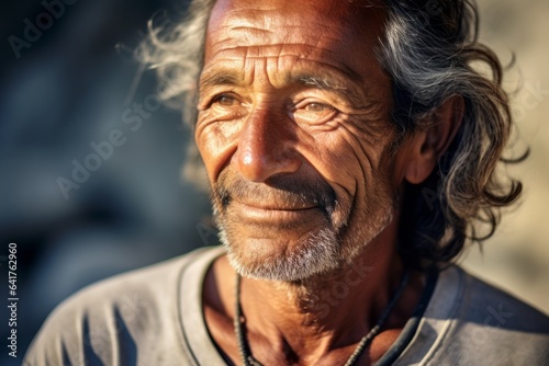 Close-up portrait photography of a tender mature man wearing a delicate necklace at the galapagos islands ecuador. With generative AI technology