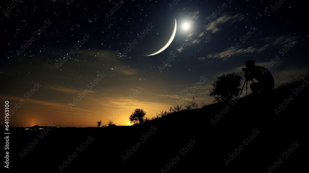 Landscape with moon in night time. Night sky with stars and silhouette Photographer take photo on the mountain