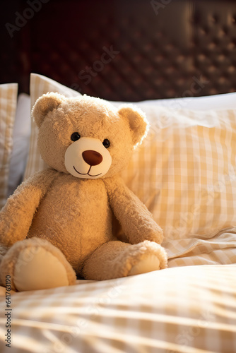 Cute and adorable teddy bear on bed