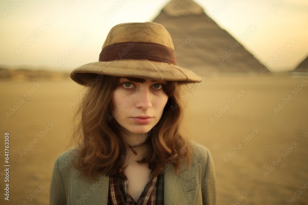 Group portrait photography of a jovial girl in his 30s wearing a sophisticated pillbox hat at the pyramids of giza egypt. With generative AI technology Group portrait photography of a jovial girl in his 30s wearing a sophisticated pillbox hat at the pyramids of giza egypt. With generative AI technology