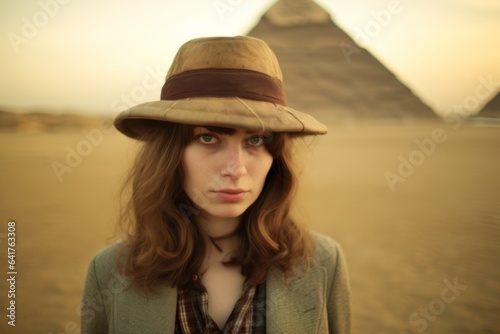 Group portrait photography of a jovial girl in his 30s wearing a sophisticated pillbox hat at the pyramids of giza egypt. With generative AI technology