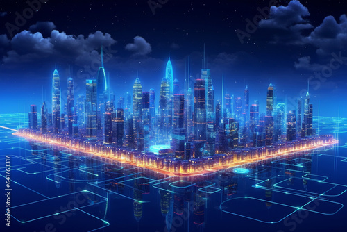 Futuristic city with glowing lights on dark background. 3d rendering