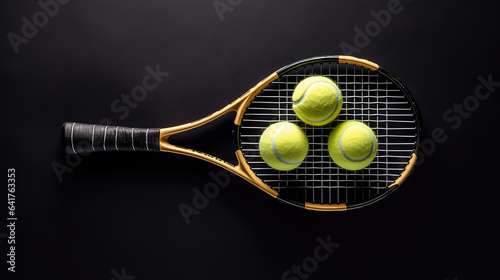 Top view of green Tennis ball and racket isolated on flat black surface background with copy space for text.  © IndigoElf