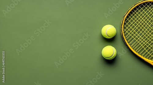 Top view of green Tennis ball and racket isolated on flat surface background with copy space for text.  © IndigoElf