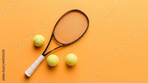 Top view of green Tennis ball and racket isolated on flat surface background with copy space for text. 