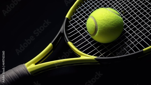 Top view of green Tennis ball and racket isolated on flat black surface background with copy space for text.  © IndigoElf