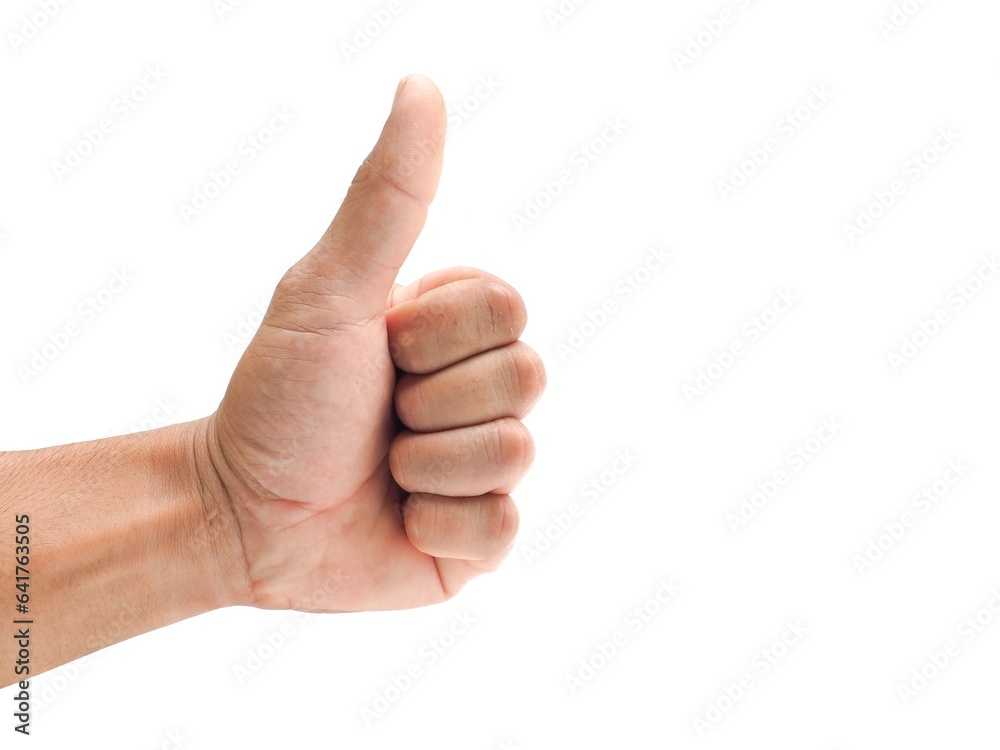 Male hand showing thumbs up on white background, business concept. Male hand showing thumbs up on white background, business concept.
