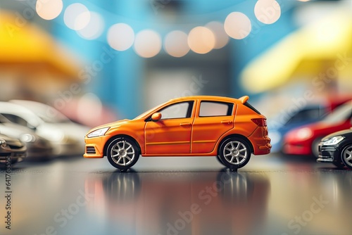 Orange toy car on the table. The concept of buying, renting or car insurance. © OleksandrZastrozhnov
