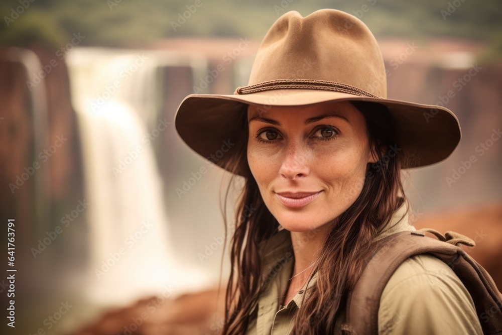 Photography in the style of pensive portraiture of a happy girl in her 40s wearing a rugged cowboy hat at the iguazu falls argentina-brazil border. With generative AI technology Photography in the style of pensive portraiture of a happy girl in her 40s wearing a rugged cowboy hat at the iguazu falls argentina-brazil border. With generative AI technology