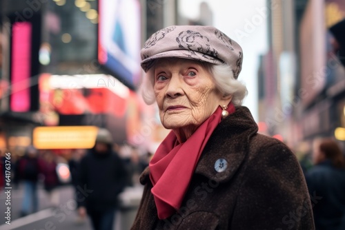 Photography in the style of pensive portraiture of a glad old woman wearing a sophisticated pillbox hat at the times square in new york usa. With generative AI technology photo