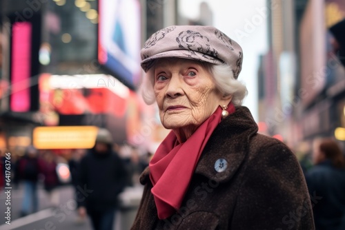 Photography in the style of pensive portraiture of a glad old woman wearing a sophisticated pillbox hat at the times square in new york usa. With generative AI technology