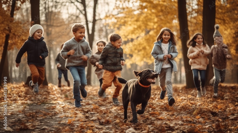 Happy family playing with a dog in the autumn park. Concept of friendly family.