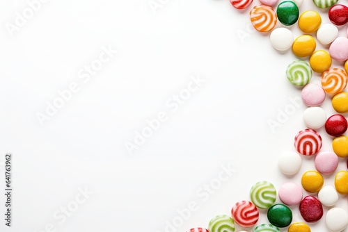 Round glazed candies or lollipops on a white background. Free space for product placement or promotional text.