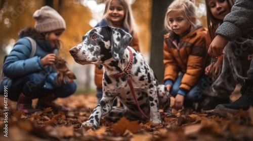 Group of children with dalmatian dog in autumn park. Selective focus.