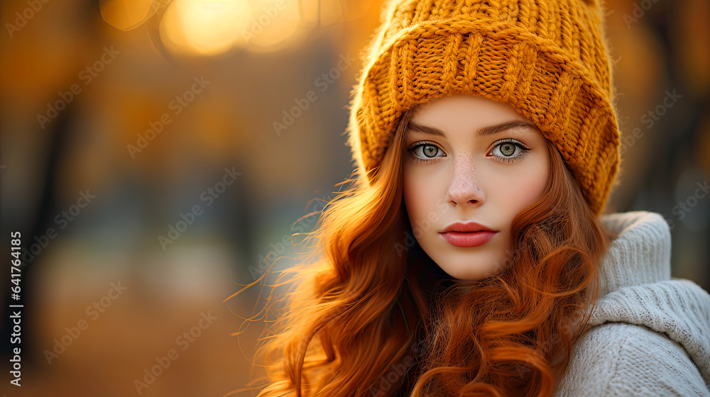 beautiful girl with red hair wearing a knit cap, in the style of light orange and yellow, autumn park beautiful girl with red hair wearing a knit cap, in the style of light orange and yellow, autumn park