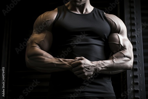 Strong muscular man in a black t-shirt torso on a dark gym background.