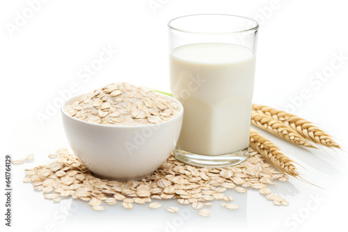 A glass of plant-based oat milk and a bowl of oatmeal on a white background.
