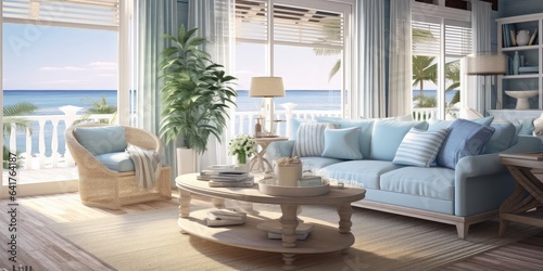 A cozy coastal living room with a whitewashed wooden ceiling, plush blue sofas.