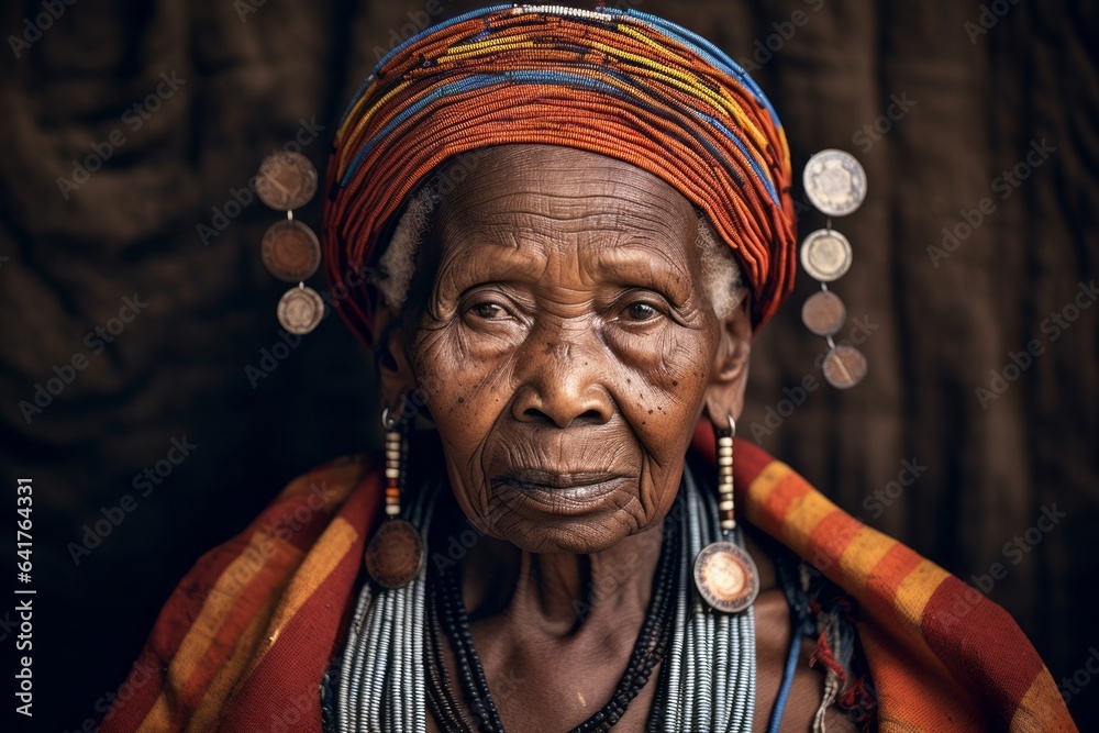 Close-up portrait photography of a glad old woman wearing an ornate brooch at the serengeti national park tanzania. With generative AI technology - obrazy, fototapety, plakaty 