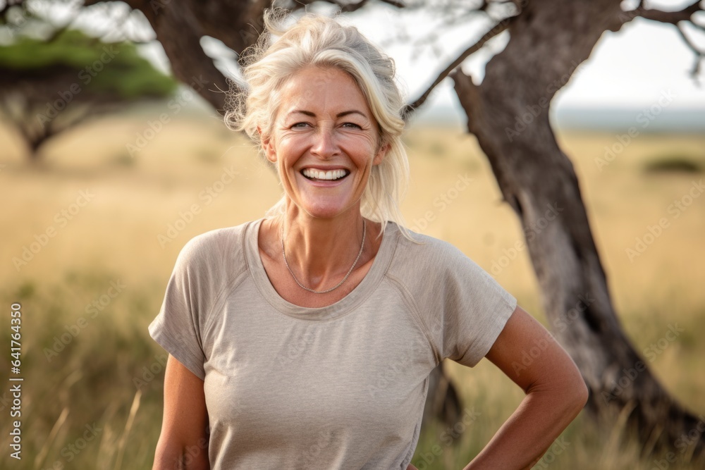Environmental portrait photography of a cheerful mature woman wearing a comfortable yoga top at the serengeti national park tanzania. With generative AI technology